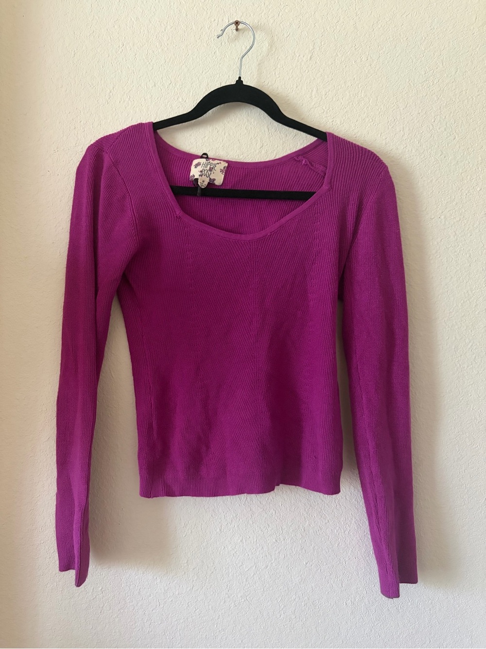 Hippie Rose Ribbed Long Sleeve Scoop Neck Top - Fuchsia